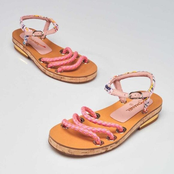 Chanel Pink/Yellow Fabric Braided Fabric Flat Sandals Size 5/35.5 - Picture 2 of 5